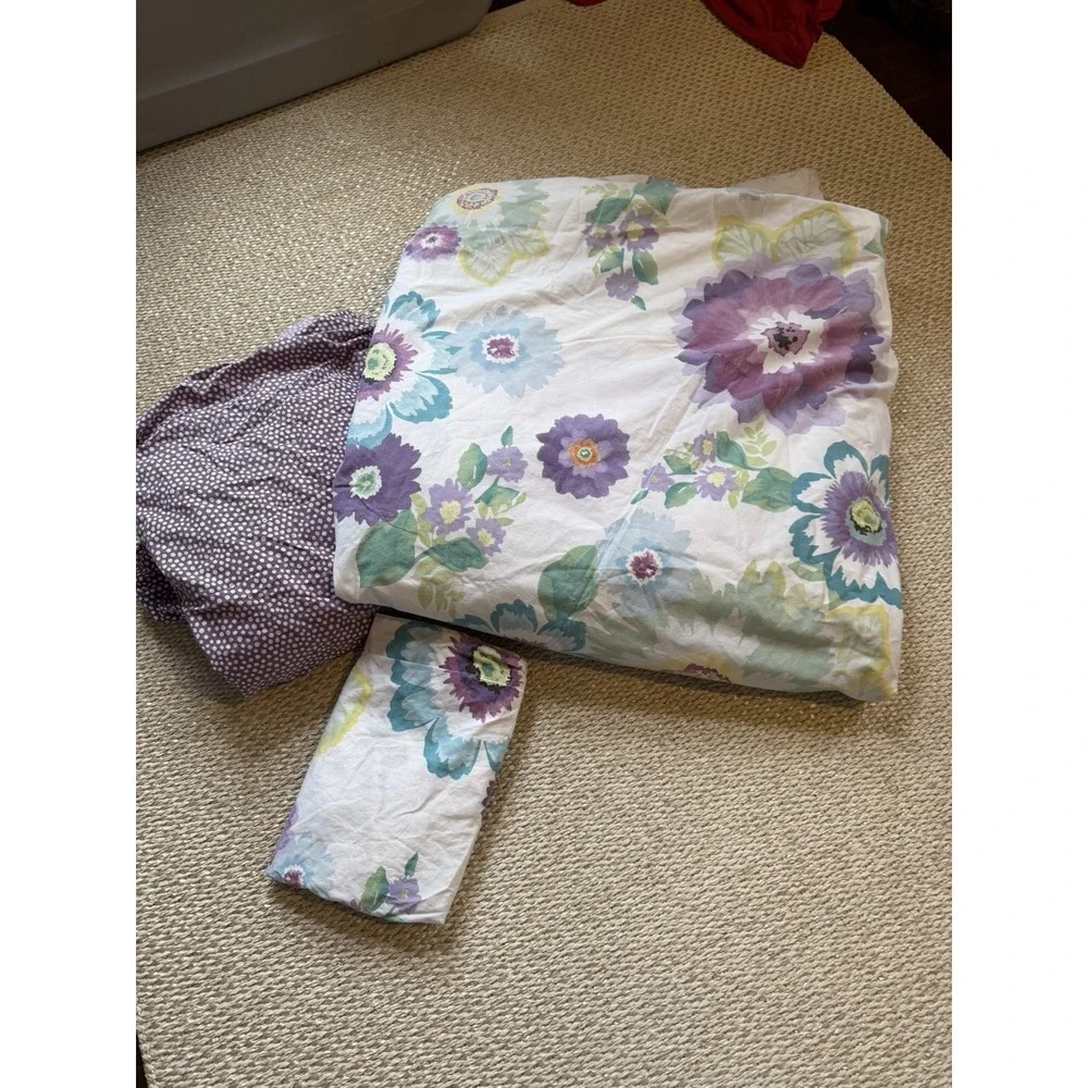 Pottery Barn Cotton Duvet Cover Fitted Sheet Full Queen Purple Floral